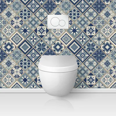 Image de Crédence adhésive sticker pour WC - Lumaléa - Effet carreaux de ciment - Adhésif + Protection BRILLANTE - 65x65 cm