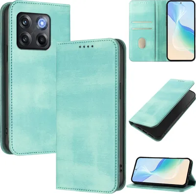 Produktbild von Handyhülle für OnePlus 10T, Vintage Leder RFID Schutz Kartenfach Standfunktion Magnetische Klapphülle Türkis