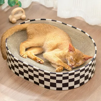 Imagen del producto de Árbol para gatos de cartón, modelo ovalado 2 en 1, con superficie de descanso circular, ideal para gatos de interior