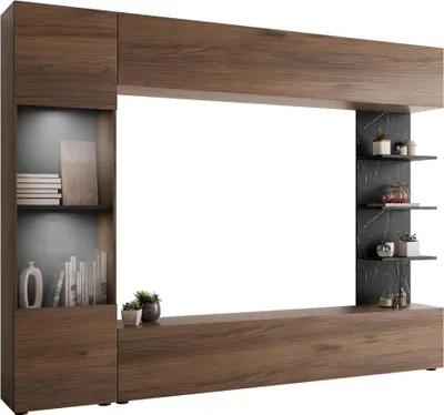 Produktbild von MIRJAN24 Wohnwand Lazando, Stilvoll Wohnzimmer-Set, Schrankwand, Praktisch Mediawand, TV-Schrank (Farbe: Nuss Warmia + Schwarz Marmor, mit weißer LED Beleuchtung)