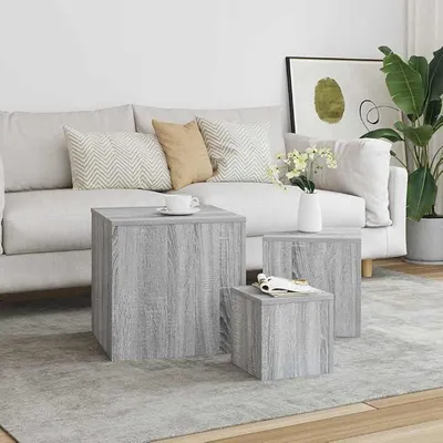Productafbeelding van Set van 3 bijzettafels, grijs Sonoma, gemaakt van houtvezel. Salontafel en nachtkastjes voor woonkamer, slaapkamer en hal, met opbergruimte. Afmetingen: 45 x 35 x 24 cm