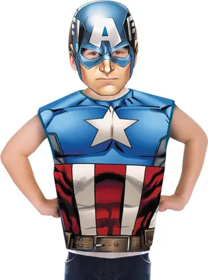 A child wearing a Captain America costume mask and vest.