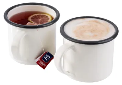Produktbild von Henkelbecher 2er Set -EMAILLE- für 0,35 Liter, emailliertes Stahlblech, Farbe: cremeweiß mit grauem Rand