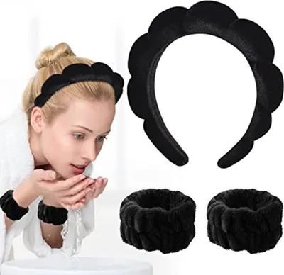 Image de ASKSA 3 pièces Spa bandeau poignet bande de lavage Set Make up bande de cheveux, Noir