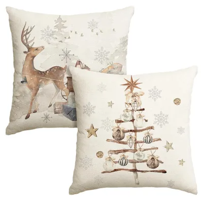 Produktbild von Kissenbezüge 2er Set 45x45 cm Beige Weihnachten Schneeflocken Rentier Polyester