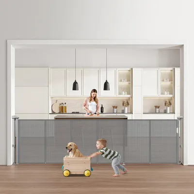 Zdjęcie produktu dla Bramka dla dzieci i psów - Bramka na schody - Chowana i rozsuwana - Do 280 cm szerokości - 87 cm wysokości - Siatka - Do drzwi, schodów i korytarzy - Szary