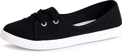 A single black ballerina shoe with white laces and a white sole, shown from a side-diagonal angle.
