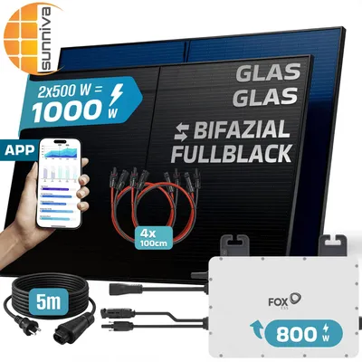 Produktbild von SUNNIVA® 1000W Balkonkraftwerk BIFAZIAL FULLBLACK komplett Steckdose FOX ESS 800W Wechselrichter, PV Solaranlage, 5m Kabel, Bluetooth WIFI