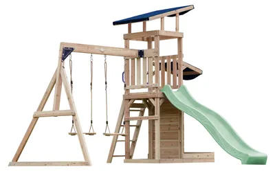 Immagine prodotto di AXI Malik Giochi di legno per Giardino con 2 Altalene, Tavolo da picnic/ Casette in Legno Bimbi con altalene/sabbiera/muro di arrampicata/scivolo verde pastello | Casetta Bimbi Giardino
