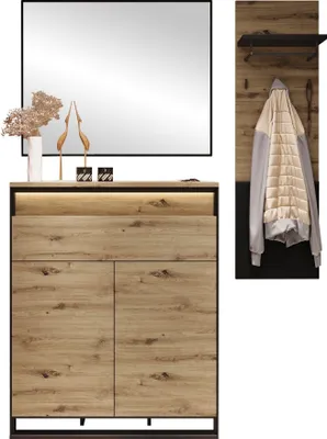 Produktbild von MIRJAN24 Garderobe-Set Quant X, Garderobe mit LED-Beleuchtung, Kommode, Spiegel, Kleiderhakenbrett (Farbe: Artisan Eiche / Artisan Eiche + Schwarz)