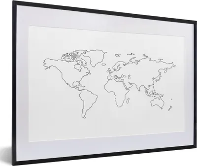 Produktbild von MuchoWow® MuchoWow® Gerahmtes Poster Weltkarte - Einfach - Schwarz - Weiß 60x40 cm - Poster mit zchwarzem Bilderrahmen - Schlafzimmer - Plakat in Rahmen - Drucken