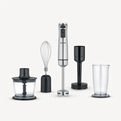 An assortment of kitchen blender attachments and a hand blender are displayed against a white background.