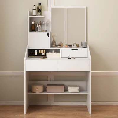 Produktbild von Rebiko Schminktisch mit Spiegel Schublade 3 Ablagen Make-up Schlafzimmer Kosmetiktisch Frisiertisch Schminkkommode Holz Weiß