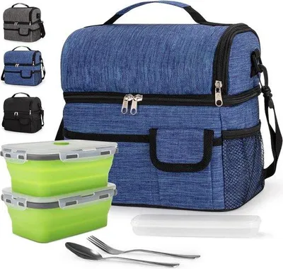 Produktbild von 10L Isolierte Picknicktas Thermische Tasche - Doppelte Kompartimente - Picknicktas für Schule und Arbeit - inkl. 2 Thermosboxen und Edelstahl-Set (Blau)