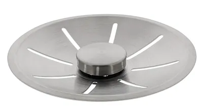 A stainless steel sink strainer with a central knob and slotted openings.