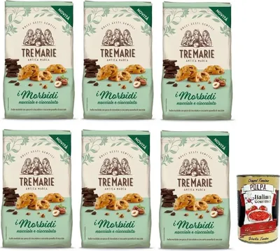 Produktbild von 6x Tre Marie Biscotti i Morbidi Nocciole e Cioccolato,Kekse mit Schokoladentropfen und knackigen Haselnusskörnern 300g + Italian Gourmet Polpa di Pomodoro 400g Dose