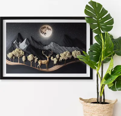 Produktbild von Moosbild mit Konserviertem Moos 3D Wandbild - 60x40 cm - Schwarzer MDF-Rahmen - Hirsch bei Vollmond