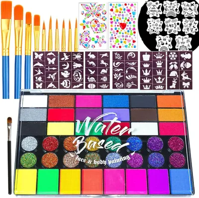 Produktbild von Kinder Gesichtsfarbe Set, 42 Farben waschbare Gesichtsfarbe, 13 Pinsel, 8 Schablonen, 56 Tattoos für Halloween