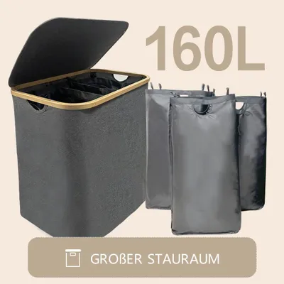 Produktbild von Faltbarer Wäschekorb mit Deckel, 3 Fächer, Wäschesack herausnehmbar，Wäschesortierer und wasserdichtes Oxford-Tuch（Grau）