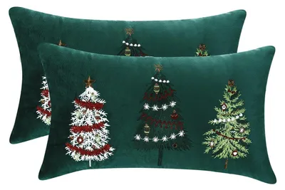 Productafbeelding van Kerstkussenslopen, set van 2, fluweel, groen, 30x50 cm, kerstboommotief