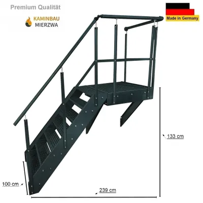 Produktbild von Podesttreppe Wangen- Stahltreppe 7 Stufen Höhe 133 cm inklusive Podest 100x100cm mit Geländer Anthrazit / Ausrichtung Treppe Links / Außentreppe