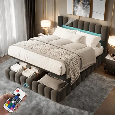 Obrázek produktu pro Čalouněná postel – manželská postel – rozměry 140 x 200 cm – čelo s LED osvětlením a USB – s úložným prostorem – měkce čalouněné čelo – bez matrace – šedá