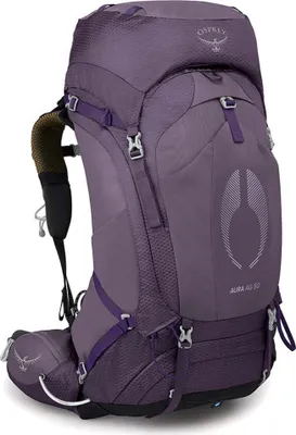 A purple Osprey Aura AG 50 outdoor rucksack is shown from the side against a white background.