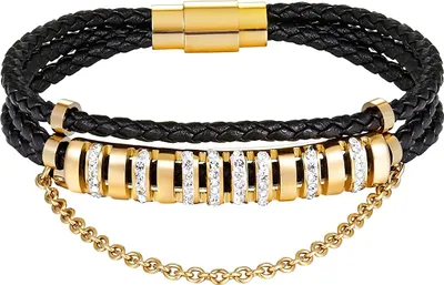 Produktbild von Karisma Damen Lederarmband 3 Fach gewickelt Edelstahl Zirkonia mit Kette Farbwahl WB-QD102 - Gold