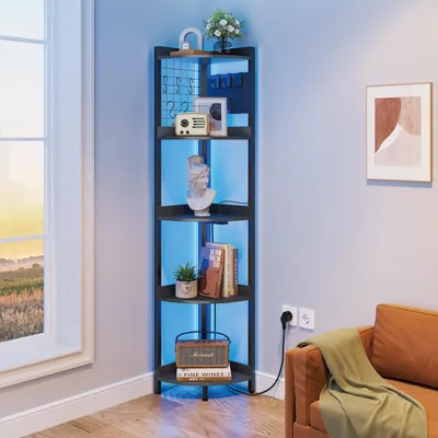 Image de Iropro Étagère d'angle 5 niveaux avec prises de courant, 170 cm de haut Étagère sur pied avec éclairage LED, bibliothèque pour salon, chambre à coucher, bureau, noir