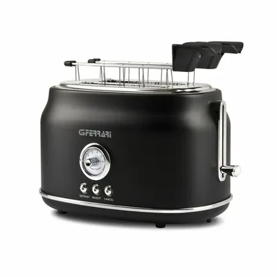 A black G3 Ferrari toaster with chrome accents is shown against a white background.