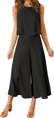Image de ASKSA Femme Tenue d'été 2 pièces Sans manches Col rond Débardeur Pantalon ample Tenue de loisir 2 pièces, Noir, M