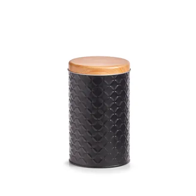 A black metal storage container with a wooden lid, shown against a white background.