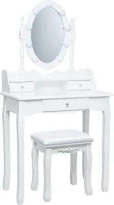 Produktbild von Schminktisch Set mit mit LED Beleuchtung, Kosmetiktisch mit Hocker und runder Spiegel, Frisierkommode Frisiertisch mit 3 Schubladen, Massivholz, 75 x 40 x 145 cm, Weiss