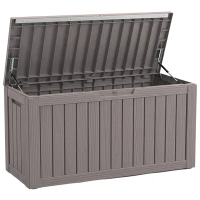 Produktbild von Floordirekt Gartenbox Holz-Optik wetterfeste Kissenbox 300L braun Auflagenbox für Terrasse Balkon & Garten