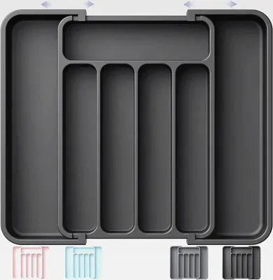 Produktbild von Besteckkasten für Schubladen -Abnehmbar Besteckeinsatz für Schubladen, Erweiterbar Praktischer Schubladeneinsatz, Effiziente und Vielseitiger Küchen Organizer, Schwarz, Mittel