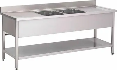 Produktbild von Spültisch aus Edelstahl AISI 304 mit M 2 Becken und Grundboden, 1500(L)x700(T)x880(H)mm