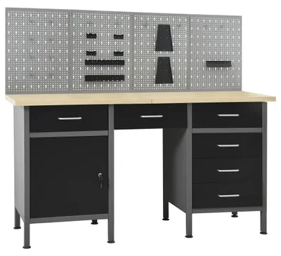 Imagen del producto de Banco de trabajo grande con 6 cajones – Mesa de trabajo robusta que incluye paneles de pared perforados