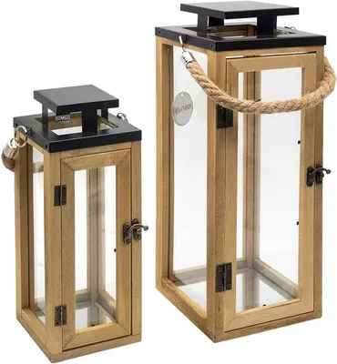 Imagen del producto de Lámpara de jardín de 30 cm / 42 cm - Linternas de madera con asa de cuerda - Vela decorativa, linterna de madera natural