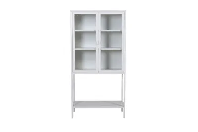 A white display cabinet with glass doors and shelves, shown against a white background.