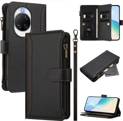 Image de Etui pour Huawei Nova 14 Pro, zippé, étui portefeuille en cuirPolyuréthaneavec pochettes pour cartes, support et dragonne noir