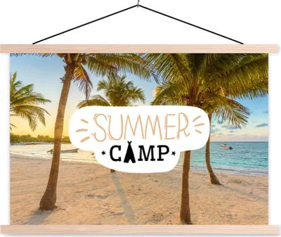 Produktbild von MuchoWow® Textilposter Sommer - Strand - Palme - Zitate 120x80 cm mit holzfarbenen Rahmen - Aufhängeset