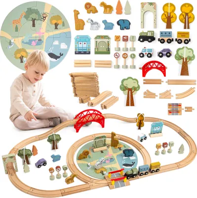 Obrázok produktu pre Drevená železničná ZOO s puzzle podložkou - vláčik, koľaje, zvieratá, most a zábrana - Mamabrum