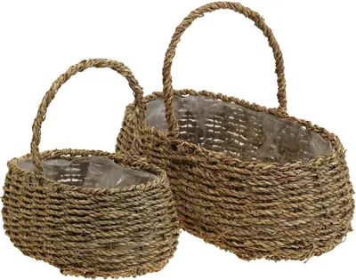 Produktbild von 2er Set Pflanzkorb mit Henkel Blumenkorb Geflochten Naturmaterial Dekokorb L23/35cm