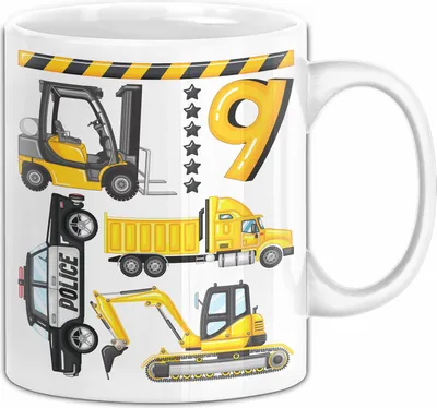 Produktbild von 9. Geburtstag Geschenk Tasse Becher Jungen Jungs Baustelle Polizei Geburtstagsgeschenk 9 (Weiß)
