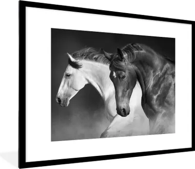 Produktbild von MuchoWow® Gerahmtes Poster Pferde - Tiere - Schwarz - Weiß - Porträt 80x60 cm - Poster mit Schwarzem Bilderrahmen Wandposter Rahmen Foto Bilder - Schlafzimmer-Dekorationen - Fotoposter