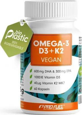 Produktbild von ProFuel Omega-3 D3 + K2 | 60 Kapseln | 600 mg DHA | 300 mg EPA | 1000 IE Vitamin D3 | mit Algenöl | vegan