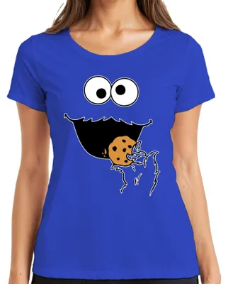 Productafbeelding van Keksmonster, grappig T-shirt voor dames, met het thema carnaval/vastenavond, met afbeelding van koekjeskruimels, blauw, maat XL