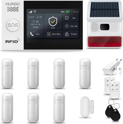 Image de HUXGO HXA007 Système d'alarme maison WiFi + GSM 4G LTE avec sirène sans fil, système d'alarme avec 7x capteur de mouvement et 1x capteur porte/fenêtre, système d'alarme pour appartement, maison, garage, Tuya Smartlife App