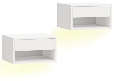 Produktbild von Nachttisch 2er-Set mit RGB-LED-Beleuchtung, schwebender Nachttisch mit Schublade und offenem Fach, Weiß