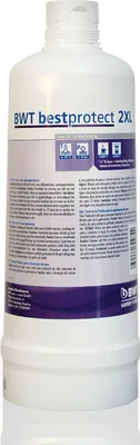 A white plastic bottle with a purple label containing product information and icons.